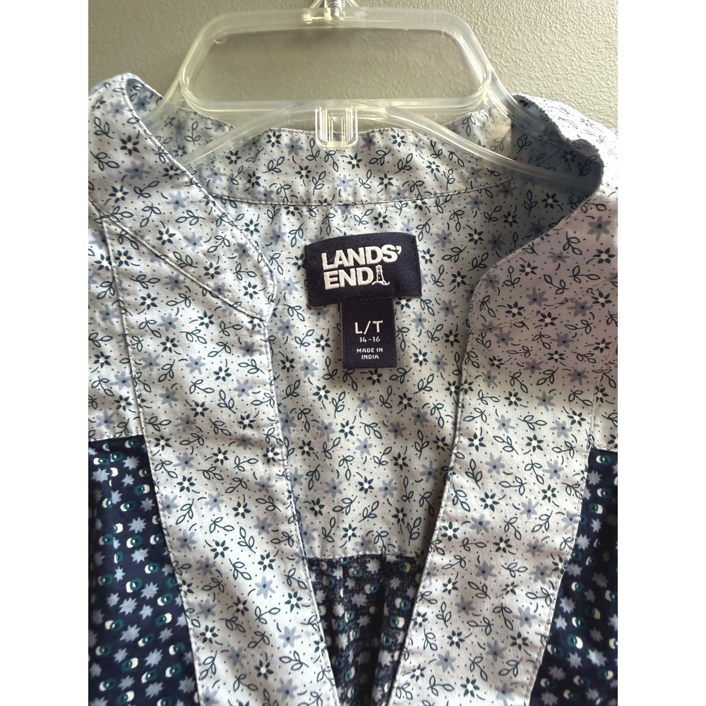 Lands End Womens Navy Blue Floral Cotton Popover Tunic Blouse Large Tall 14-16 - Picture 8 of 8